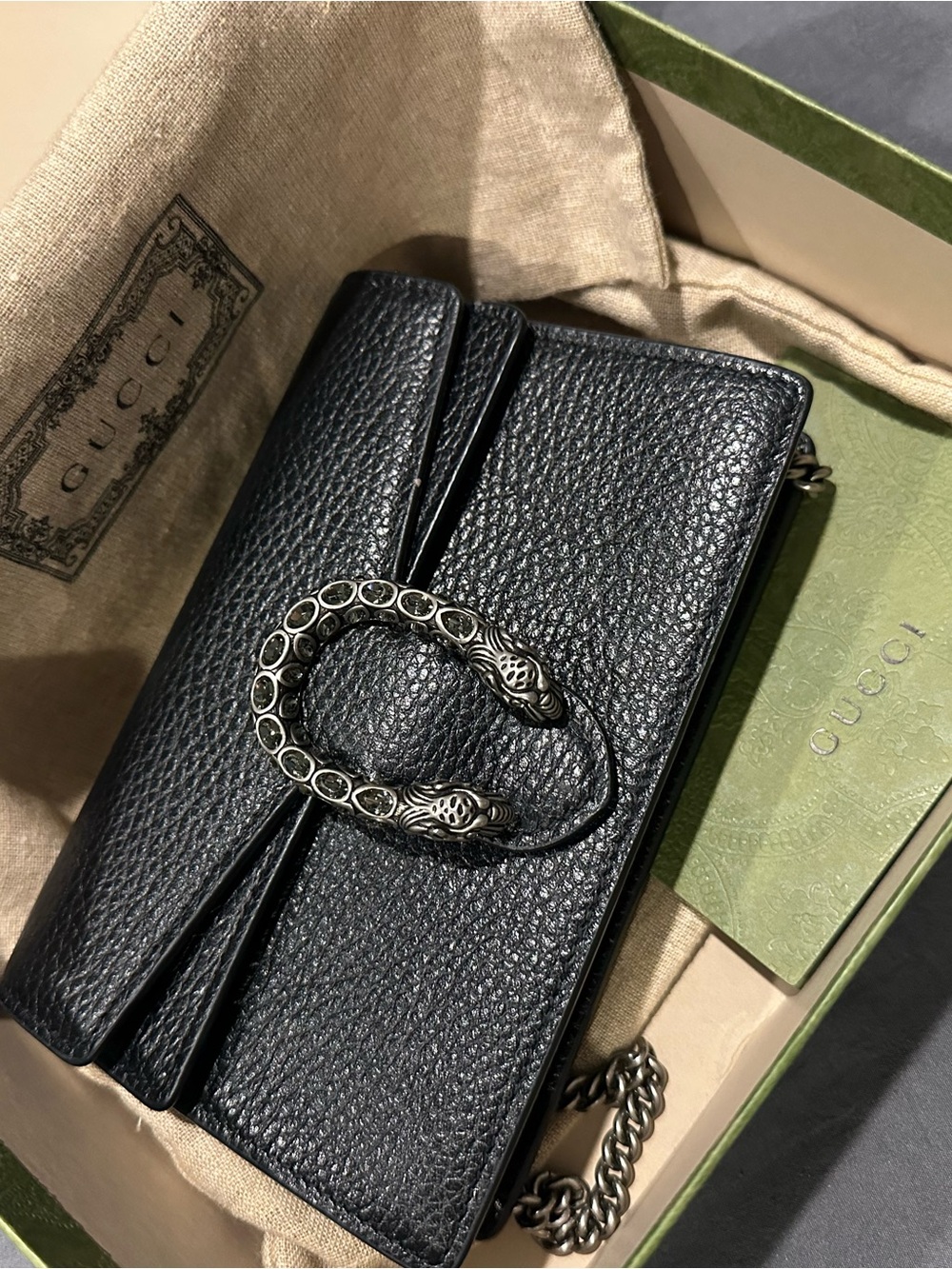 Gucci Black Pebbled Leather Dionysus Chain Crossbody Wallet